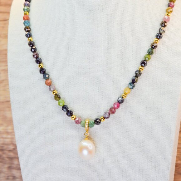 Tourmaline & King Size Edison Pearl Pendant Necklace 19" - Picture 9 of 11